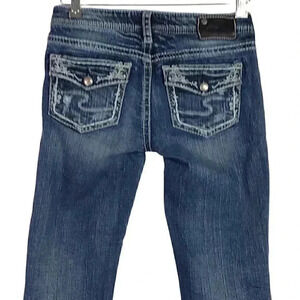 Silver Aiko Women 27 Mid Capri Jeans Blue Cotton Stretch Whiskered Embroidered